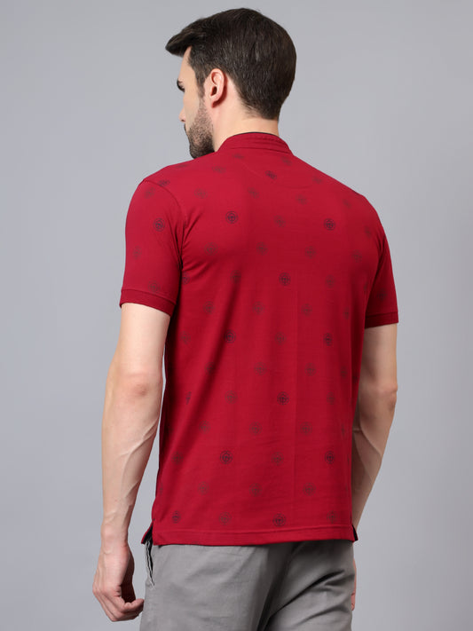 T-Shirt for Men | Breathable & Soft with Color Fastness Regular Fit Mandarin Collar Poly Cotton Fabric Printed Pattern