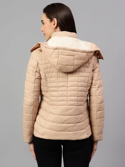 Women's Beige Solid Full Sleeves Winter Jacket