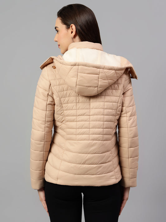 Women's Beige Solid Full Sleeves Winter Jacket