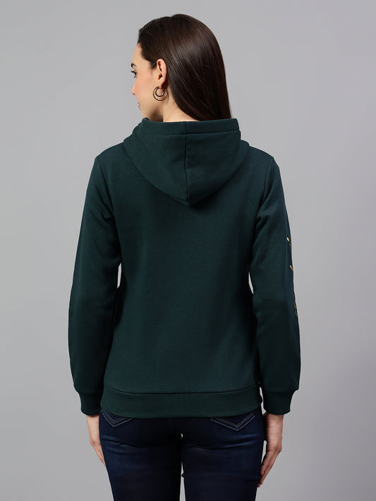 Women's Teal Green Printed Hoody Neck Sweatshirt