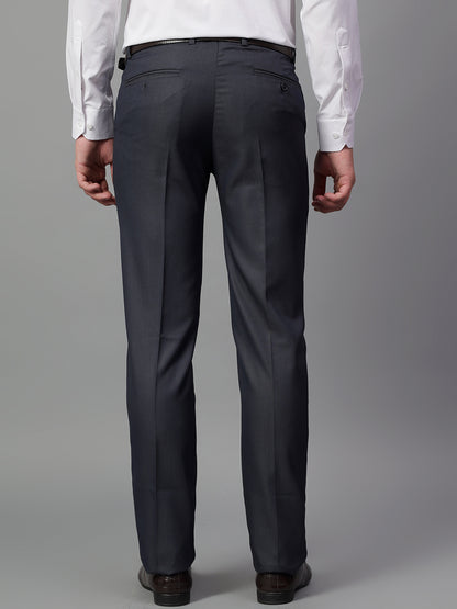 Men's Navy Blue Self Design Non-Pleated Formal Trouser