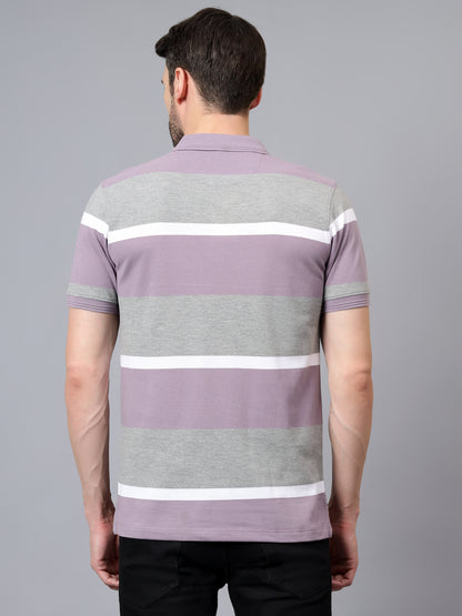 Men's Purple Striped Polo Neck Half Sleeve T-shirt