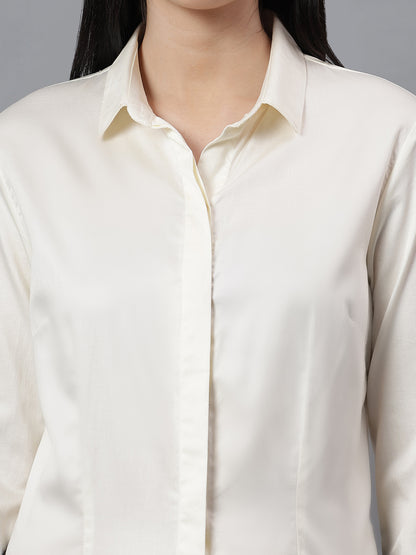 Women's Solid Off-White Spread Collar Full Sleeves Formal Shirt