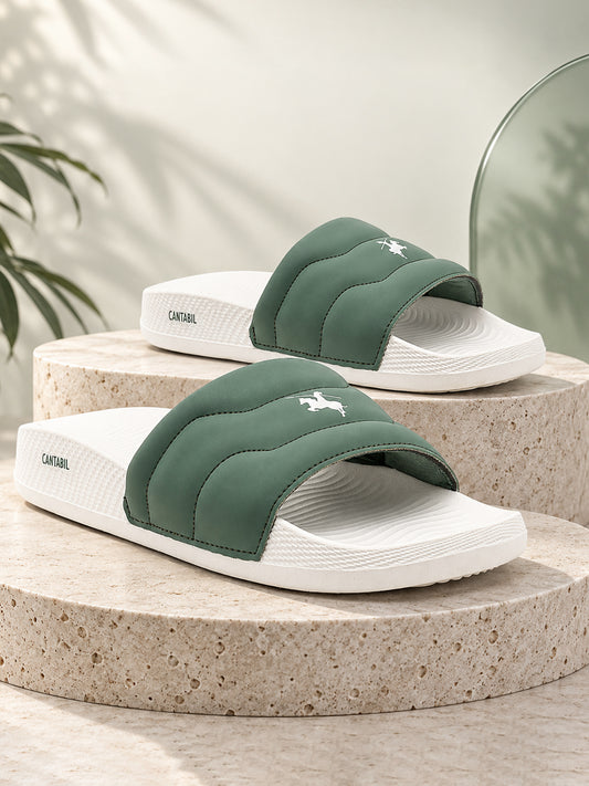 Men's White & Green Casual Colourblock Slider