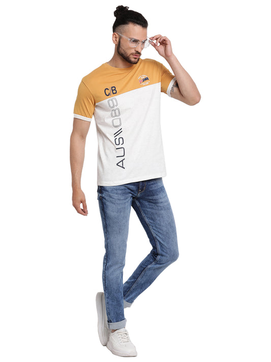 Men's Mustard Regular Fit Printed Half Sleeve Casual T-Shirt