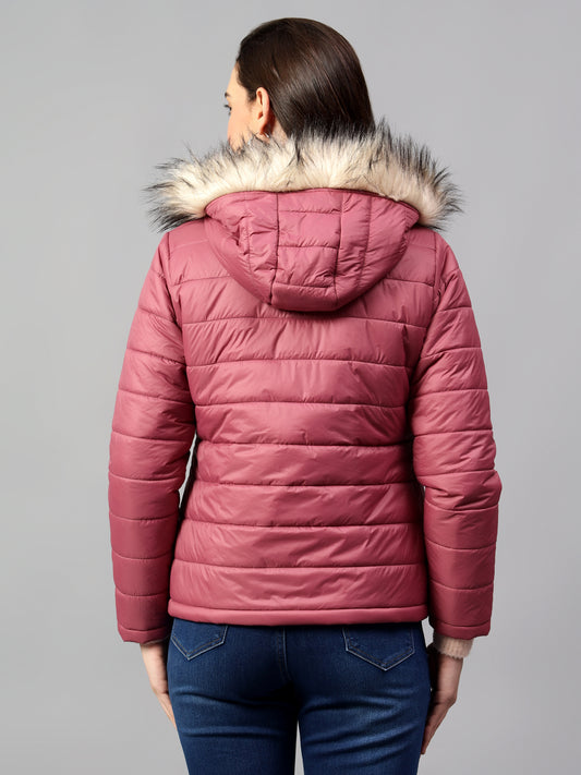 Women's Pink Solid Full Sleeves Winter Jacket