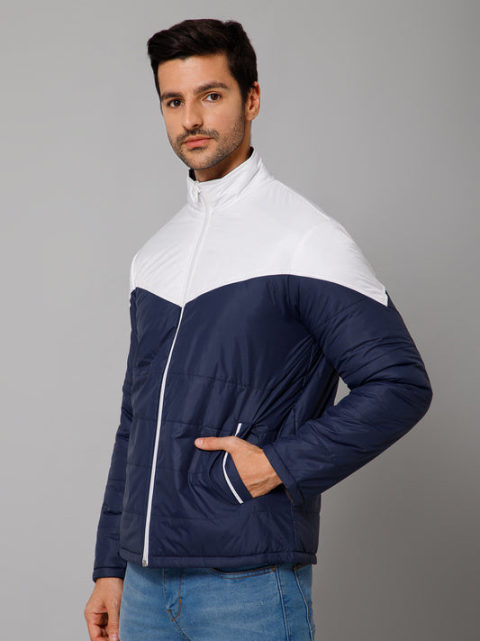 Color Blocked Navy and Grey Full Sleeves Mock Collar Regular Fit Reversible Casual Jacket For Men