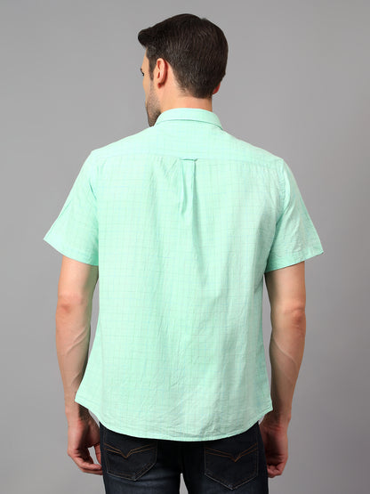 Men's Light Green Casual Small Checks Half sleeve Shirt