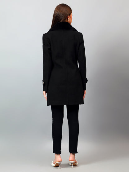 Women's Black Solid Full Sleeves Winter Long Coat