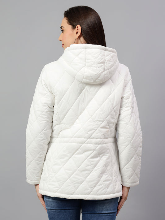 Women's Off White Solid Full Sleeves Winter Jacket