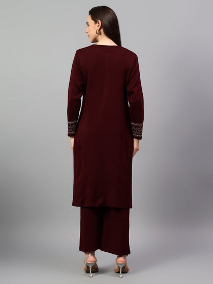 Women's Maroon Printed Round Neck Kurta Palazzo Set For Winter