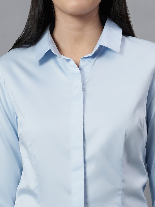 Women's Solid Sky Blue Spread Collar Full Sleeves Formal Shirt