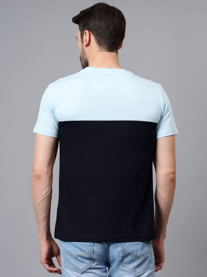 Men's Navy Blue Color Blocked Round Neck Half Sleeve T-shirt