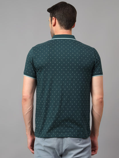 Men's Teal Blue Printed Polo Neck Half Sleeve T-shirt