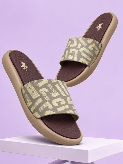 Men's Beige Printed Sliders