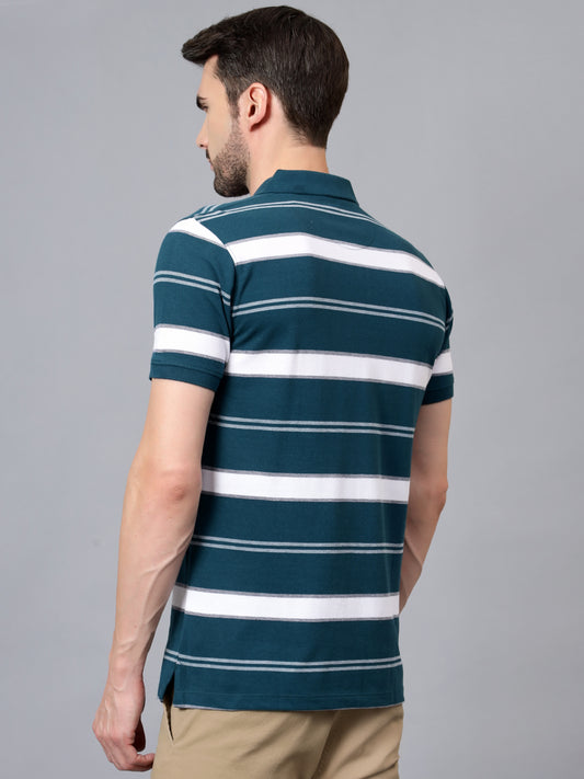 Men's Teal Blue Striped Polo Neck Half Sleeve T-shirt