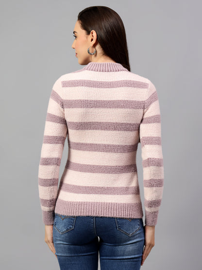 Cantabil Women's Striped Mauve Full Sleeve Casual Sweater