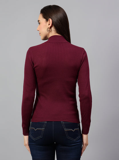 Women's Wine Self Design High Neck Skeevi