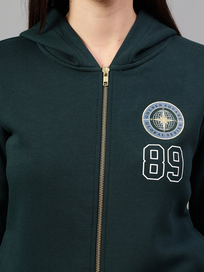 Women's Teal Green Printed Hoody Neck Sweatshirt