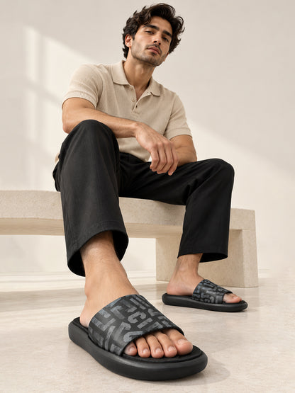 Men's Black Printed Sliders