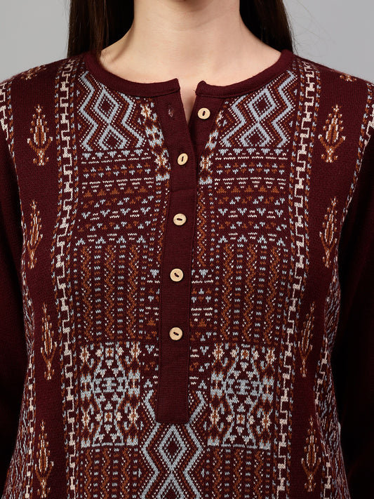 Women's Maroon Printed Round Neck Kurta Palazzo Set For Winter