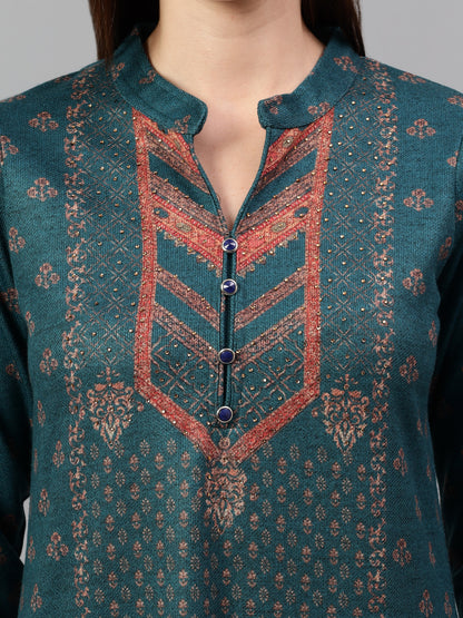 Women's Green Printed Mandarin Collar Kurta Palazzo Set For Winter