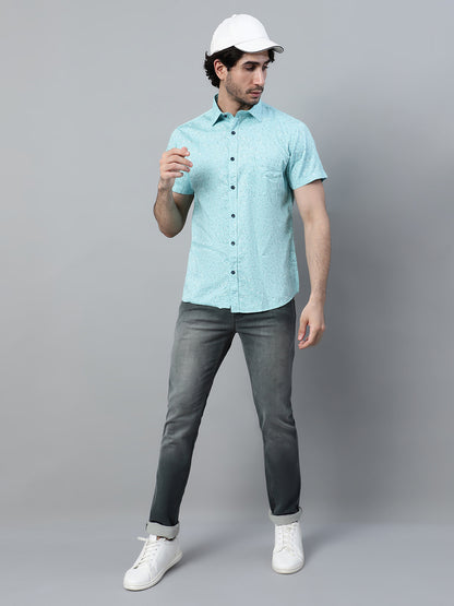 Men's Aqua Blue Casual Abstract Print Half Sleeve Shirt