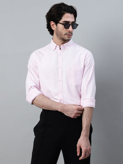 Men's Light Pink Casual Plain Full Sleeve Shirt