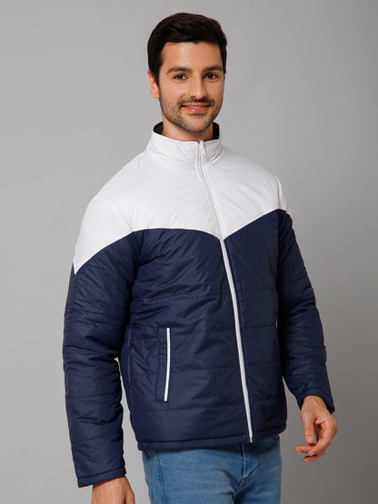 Color Blocked Navy and Grey Full Sleeves Mock Collar Regular Fit Reversible Casual Jacket For Men