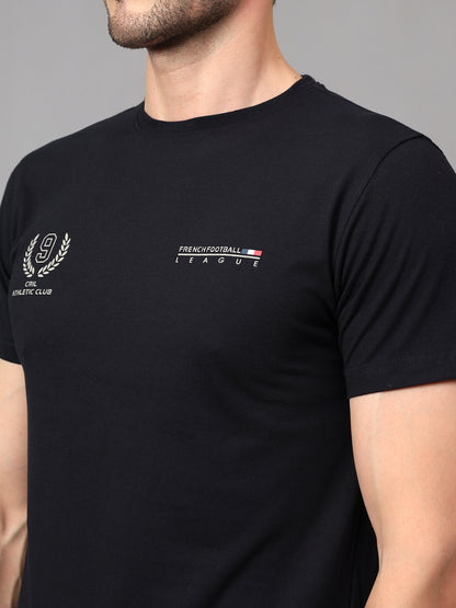 Men's Navy Blue Printed Round Neck Half Sleeve T-shirt