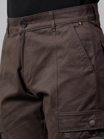 Men's Charcoal Brown Solid Full Length Cargo