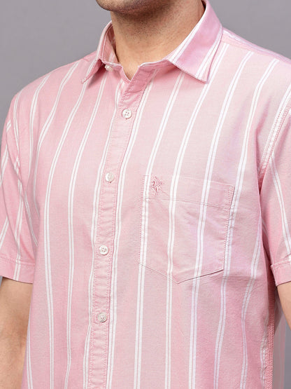 Men's Pink Casual Broad Stripe Half sleeve Shirt