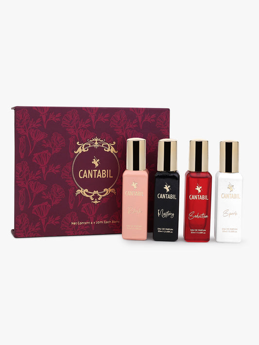 Cantabil Luxury Long Lasting Perfume Gift Set for Men & Women | Pack of 4 x 20ml Each | Mystery, Blush, Seduction & Spark Premium Eau De Parfum Fragrances