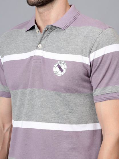 Men's Purple Striped Polo Neck Half Sleeve T-shirt