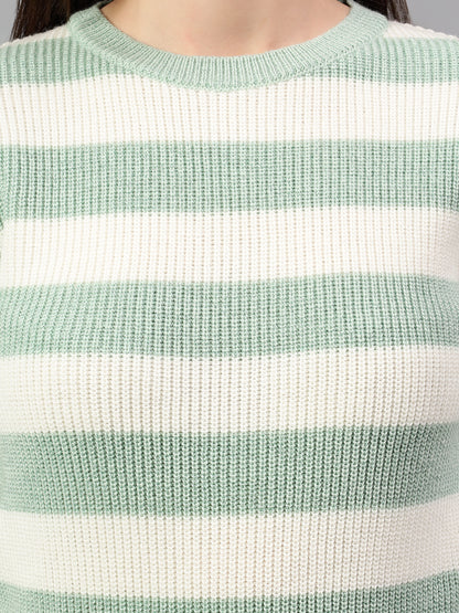 Women's Striped Sea Green Full Sleeve Casual Sweater