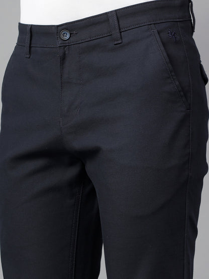 Men's Navy Blue Solid Non-Pleated Casual Trouser