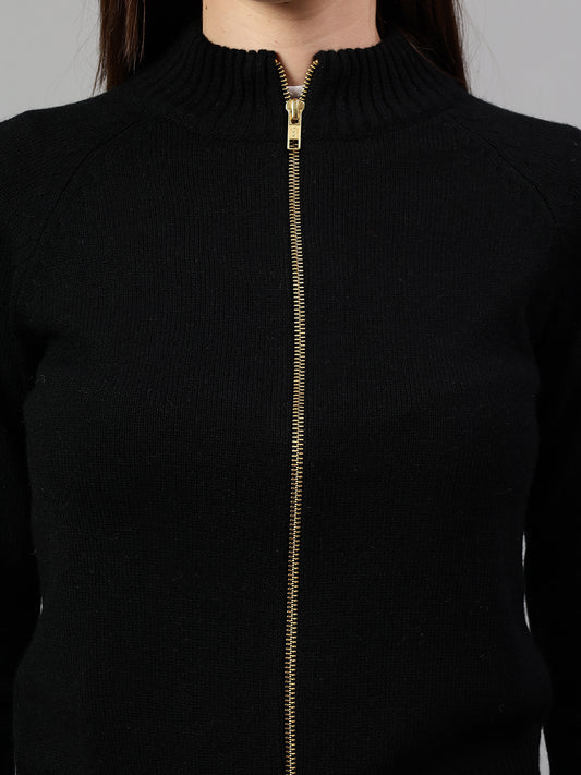 Women's Black Solid Mock Collar Sweatshirt