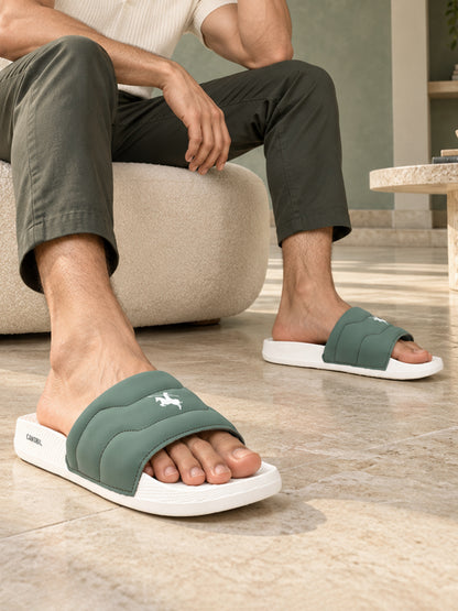 Men's White & Green Casual Colourblock Slider