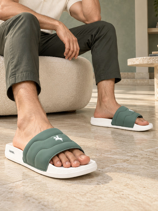 Men's White & Green Casual Colourblock Slider