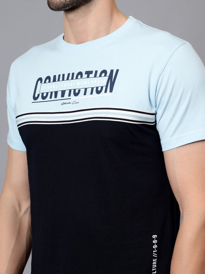 Men's Navy Blue Color Blocked Round Neck Half Sleeve T-shirt