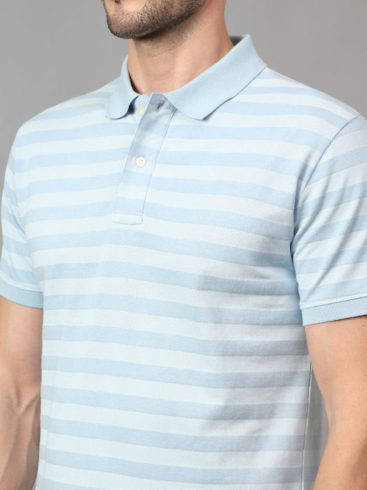 Men's Sky Blue Striped Polo Neck Half Sleeve T-shirt