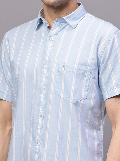 Men's Sky Blue Casual Broad Stripe Half sleeve Shirt