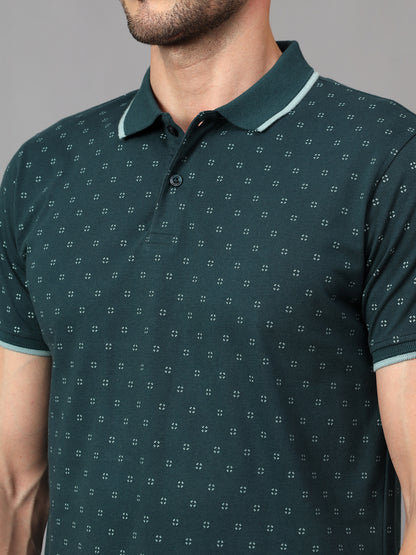 Men's Teal Blue Printed Polo Neck Half Sleeve T-shirt