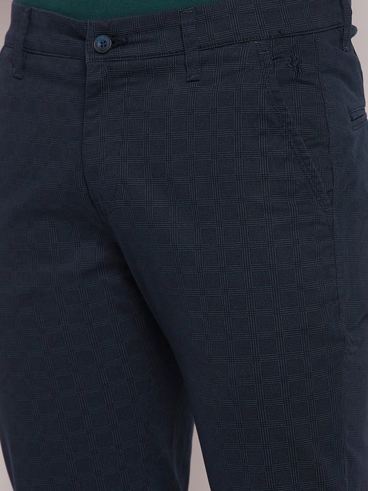 Cantabil Men Navy Blue Cotton Blend Checkered Regular Fit Casual Trouser (7057759928459)