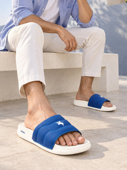 Men's White & Blue Casual Colourblock Slider