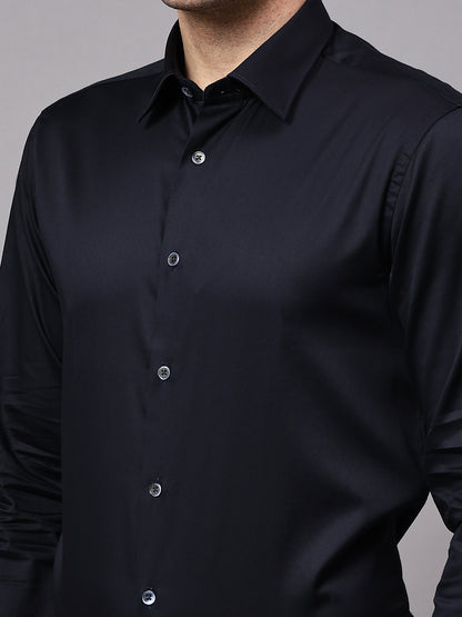 Men's Navy Blue Party Plain Satin Full Sleeve Shirt