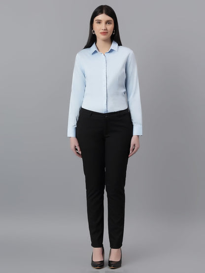 Women's Solid Sky Blue Spread Collar Full Sleeves Formal Shirt