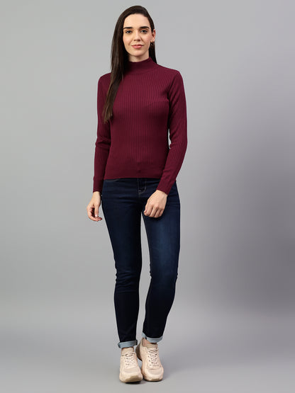 Women's Wine Self Design High Neck Skeevi