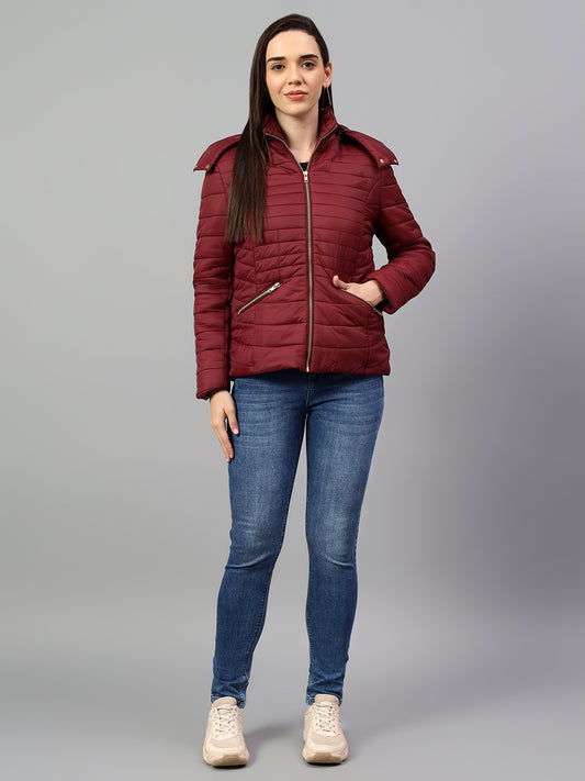 Women's Wine Solid Full Sleeves Winter Jacket