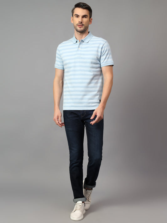 Men's Sky Blue Striped Polo Neck Half Sleeve T-shirt